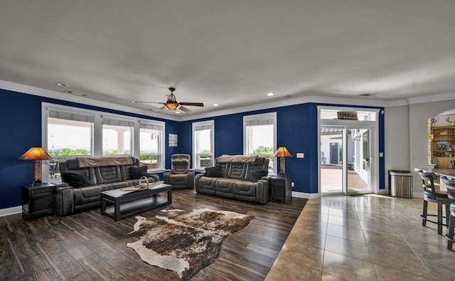 living room with ceiling fan, ornamental molding, and dark wood-type flooring