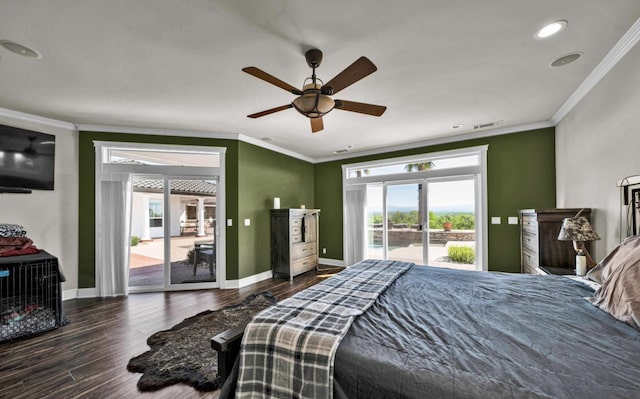 bedroom featuring ornamental molding, access to exterior, dark wood-type flooring, and ceiling fan