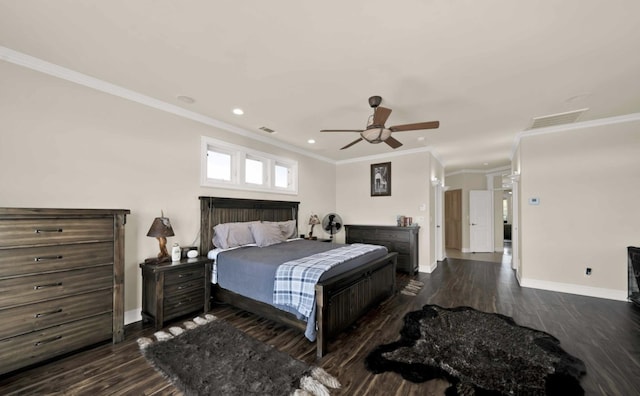 bedroom with ceiling fan, crown molding, and dark hardwood / wood-style floors