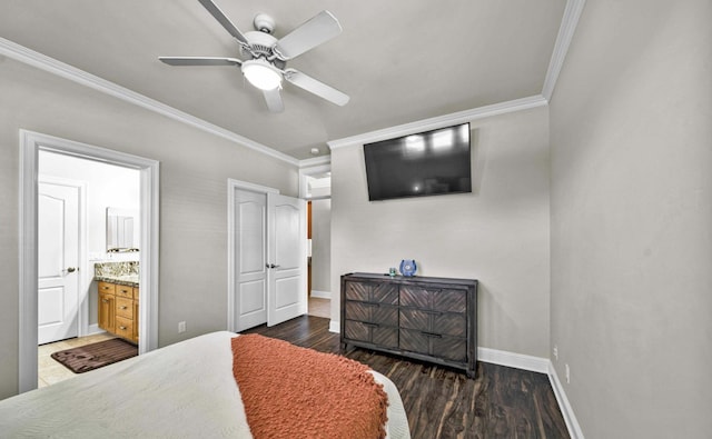 bedroom with crown molding, connected bathroom, and dark hardwood / wood-style flooring