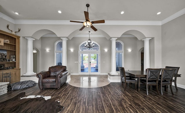 sitting room with french doors, ceiling fan, hardwood / wood-style floors, ornamental molding, and decorative columns