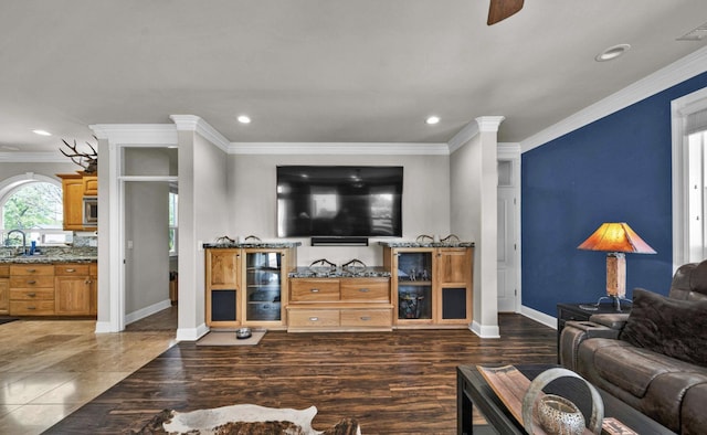 living room with crown molding, sink, and dark wood-type flooring