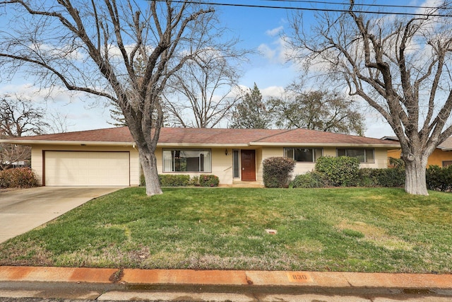 single story home featuring a front yard and a garage