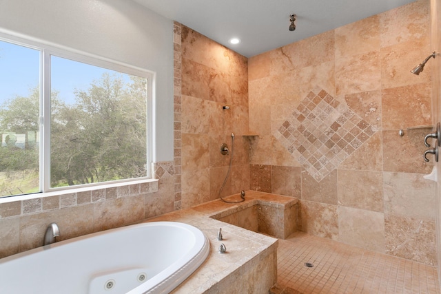 bathroom featuring plus walk in shower