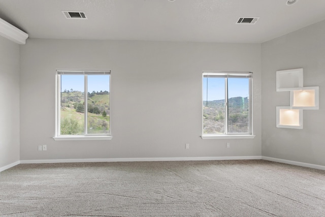 unfurnished room featuring carpet floors, a mountain view, and a wealth of natural light