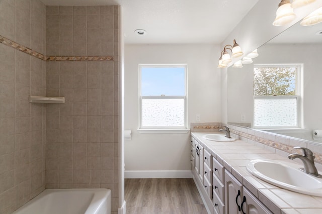 bathroom with hardwood / wood-style flooring, a wealth of natural light, and vanity