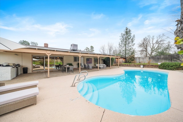 view of pool featuring a fenced in pool, a patio area, and fence