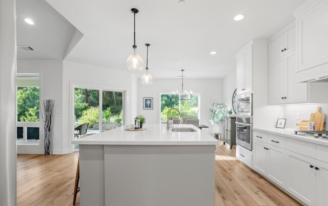 kitchen with white cabinets, a sink, and an island with sink