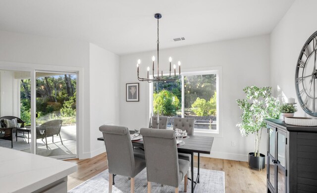 dining area featuring plenty of natural light, visible vents, and light wood-style floors