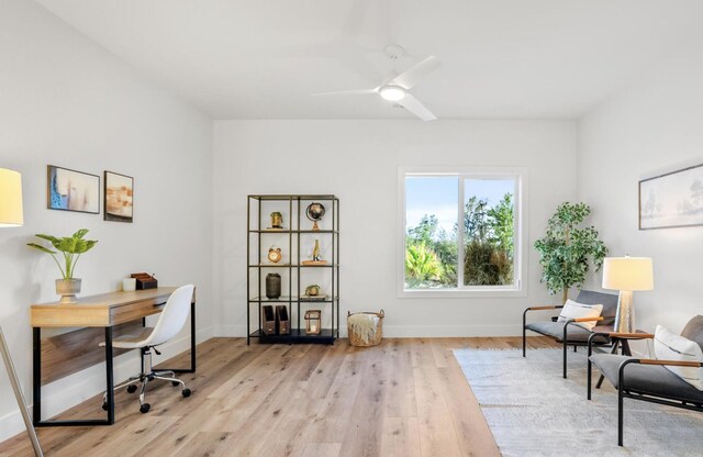 office space featuring baseboards, ceiling fan, and light wood-style floors