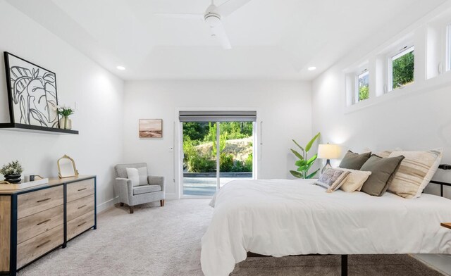 bedroom featuring baseboards, a ceiling fan, light colored carpet, access to outside, and recessed lighting