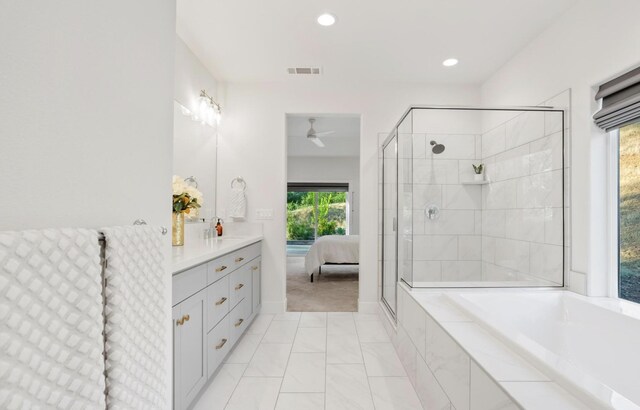 ensuite bathroom with recessed lighting, visible vents, ensuite bathroom, vanity, and tiled shower