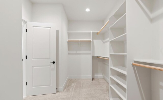 walk in closet with light colored carpet