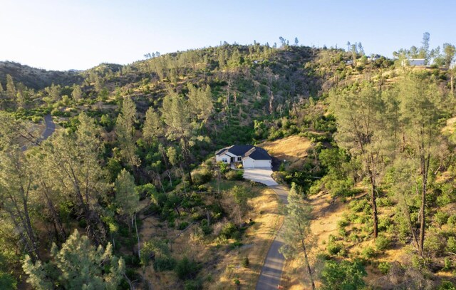 drone / aerial view featuring a wooded view