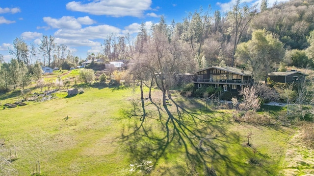 view of yard featuring a deck and a forest view