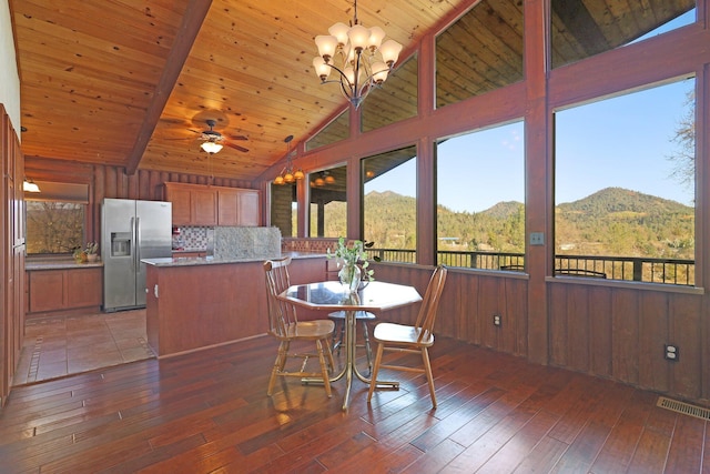 dining space featuring wood ceiling, wood-type flooring, visible vents, and a mountain view