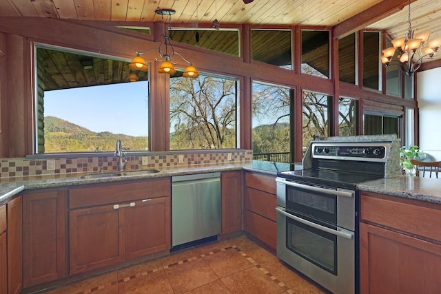 kitchen with stainless steel appliances, a chandelier, a sink, and backsplash