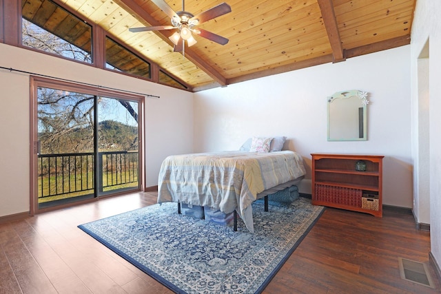 bedroom with visible vents, wood ceiling, wood finished floors, beamed ceiling, and access to exterior