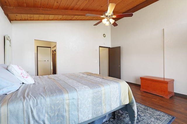 bedroom with vaulted ceiling with beams, wood ceiling, a ceiling fan, and wood finished floors