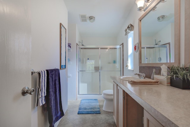 full bath featuring toilet, a stall shower, vanity, and visible vents