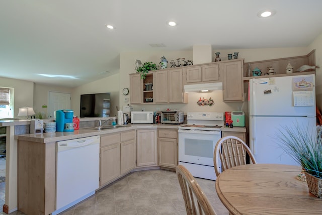 kitchen with under cabinet range hood, white appliances, light countertops, light brown cabinetry, and open shelves