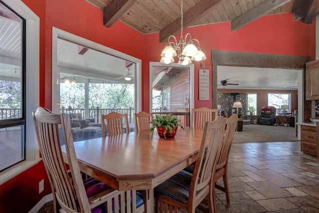 dining area featuring wood ceiling, vaulted ceiling with beams, stone tile floors, and an inviting chandelier