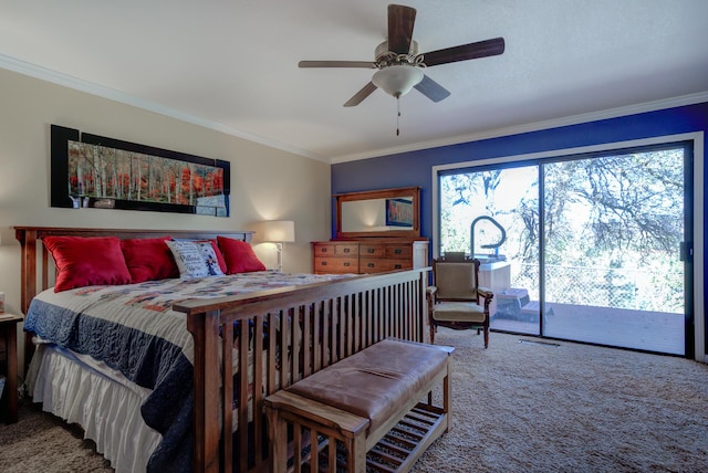 carpeted bedroom with access to exterior, ornamental molding, and ceiling fan