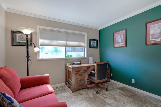 office area with ornamental molding, visible vents, and baseboards