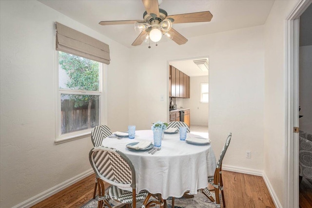 dining space with baseboards, ceiling fan, wood finished floors, and a healthy amount of sunlight