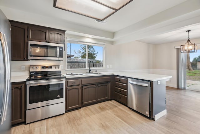 kitchen with dark brown cabinetry, stainless steel appliances, a sink, light countertops, and decorative light fixtures