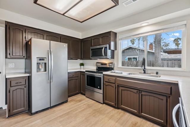 kitchen with appliances with stainless steel finishes, light countertops, a sink, and dark brown cabinets