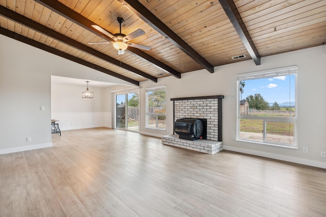 unfurnished living room with vaulted ceiling with beams, visible vents, a ceiling fan, and light wood-style floors