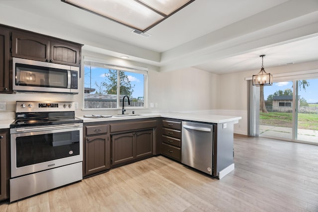 kitchen with dark brown cabinetry, a sink, light countertops, appliances with stainless steel finishes, and hanging light fixtures