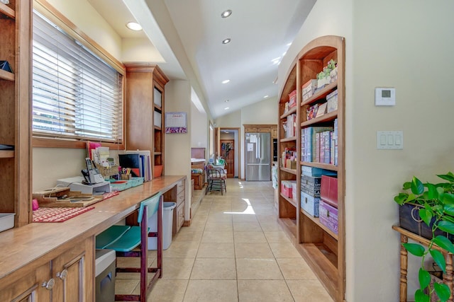 corridor with vaulted ceiling, light tile patterned flooring, and recessed lighting