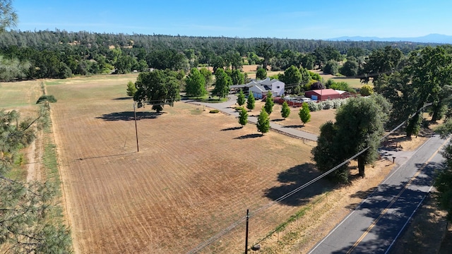 birds eye view of property with a mountain view, a wooded view, and a rural view