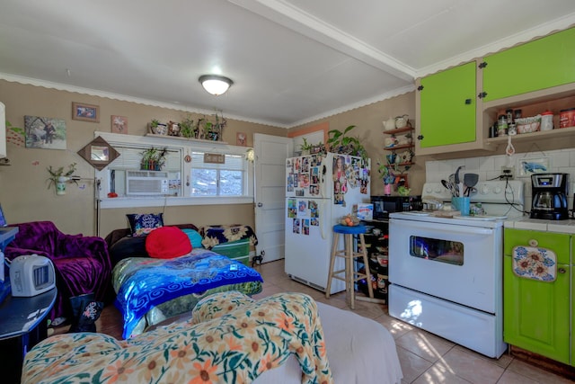 bedroom with light tile patterned flooring, ornamental molding, cooling unit, and freestanding refrigerator