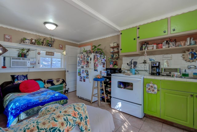 kitchen featuring white appliances, light tile patterned floors, tile counters, decorative backsplash, and open shelves