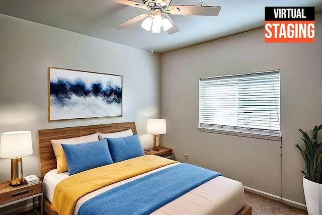 bedroom featuring carpet floors, ceiling fan, and baseboards