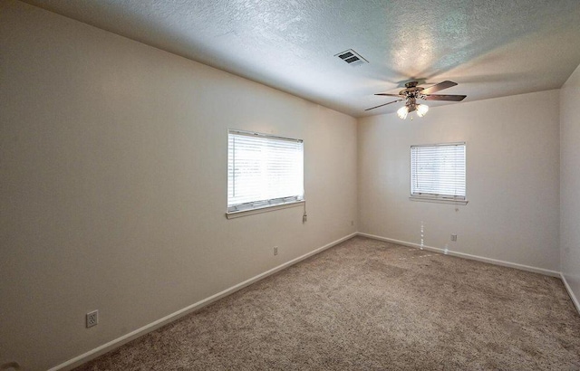 carpeted spare room with a healthy amount of sunlight, a textured ceiling, and baseboards