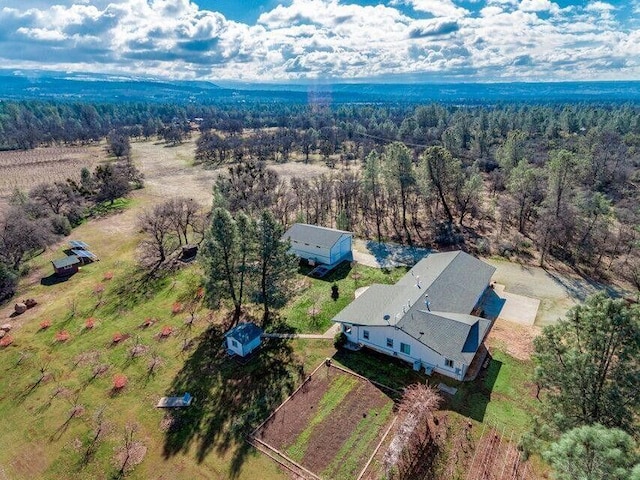 bird's eye view with a wooded view