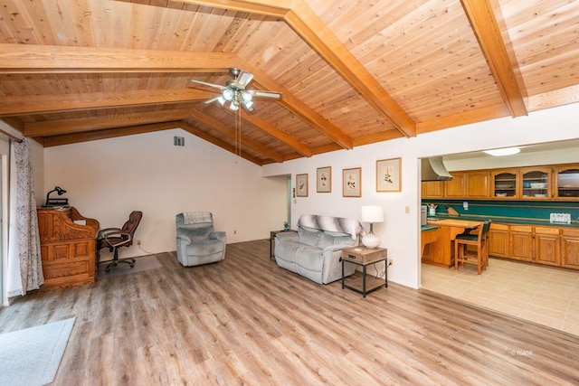 living room featuring light wood-style flooring, wood ceiling, ceiling fan, and lofted ceiling with beams