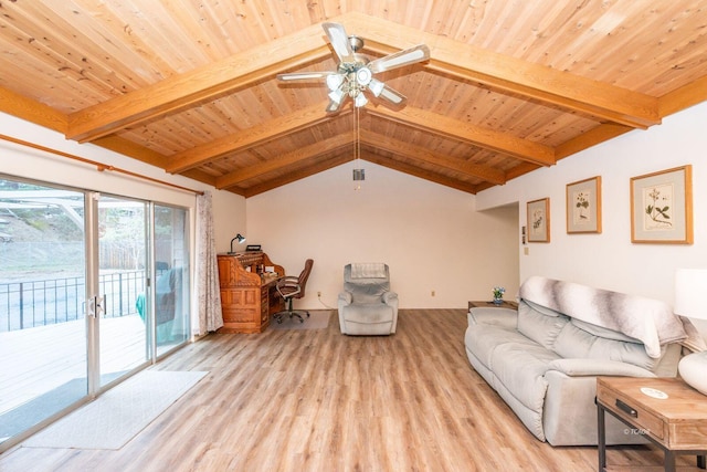 living area with light wood-type flooring, wood ceiling, ceiling fan, and lofted ceiling with beams