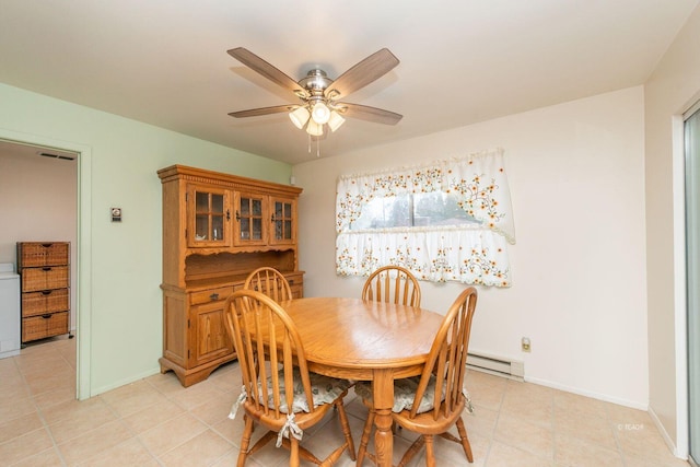 dining space featuring ceiling fan, baseboard heating, light tile patterned flooring, and baseboards