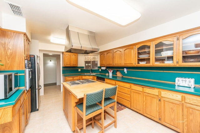 kitchen with visible vents, glass insert cabinets, extractor fan, stainless steel appliances, and a sink