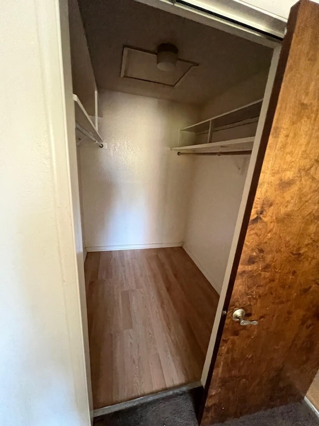 walk in closet with attic access and wood finished floors