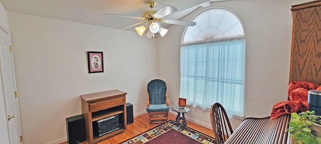 office area featuring baseboards, plenty of natural light, light wood finished floors, and ceiling fan