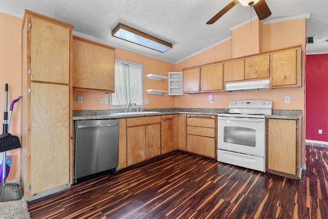 14839 Lamoine Dr, Redding, CA 96003 - kitchen with a sink, vaulted ceiling, under cabinet range hood, stainless steel dishwasher, and white electric range