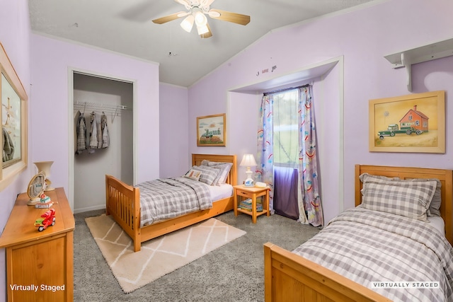 14839 Lamoine Dr, Redding, CA 96003 - carpeted bedroom with a closet, lofted ceiling, and a ceiling fan