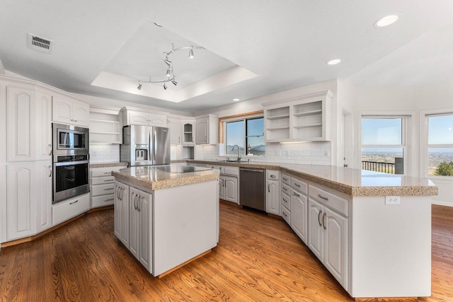 kitchen featuring a tray ceiling, open shelves, visible vents, appliances with stainless steel finishes, and a sink