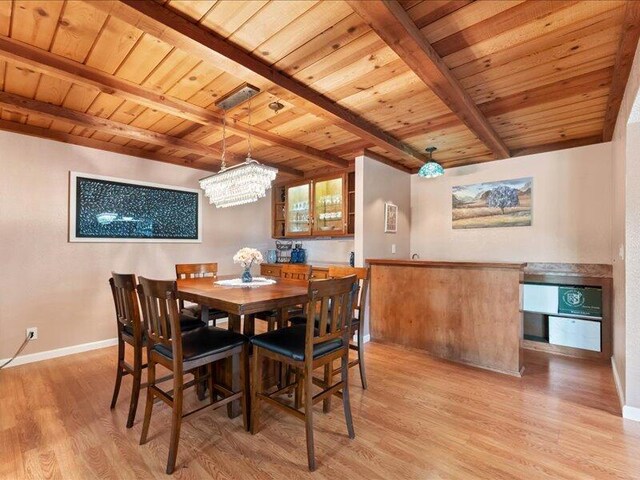 19907 Hidden Hills Rd, Cottonwood, CA 96022 - dining room with wooden ceiling, beamed ceiling, light wood-style floors, a chandelier, and baseboards